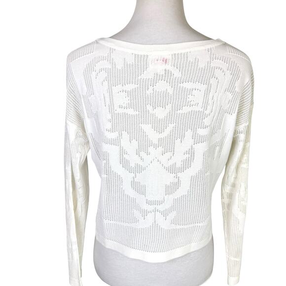 Parker White Sheer Long Sleeve Scroll Pattern Knit Layering Cropped Top Sweater - Picture 6 of 12